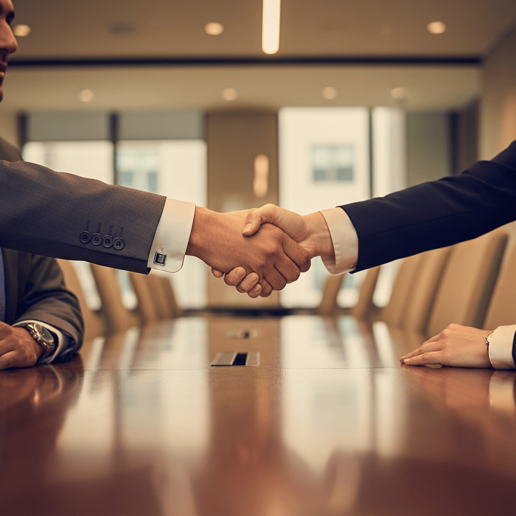 Two professionals completing a business handshake agreement